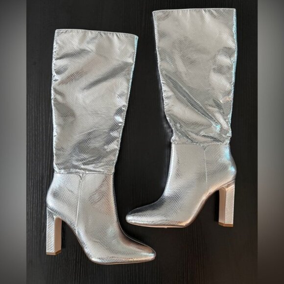 Silver Knee High Heeled Boots - Picture 1 of 2